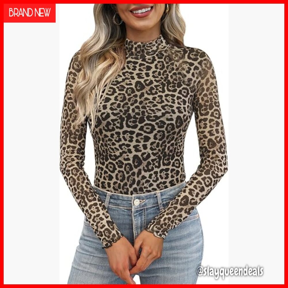 Sheer Mesh Long Sleeve Mock Neck Blouse Fitted Polyester Spandex Top